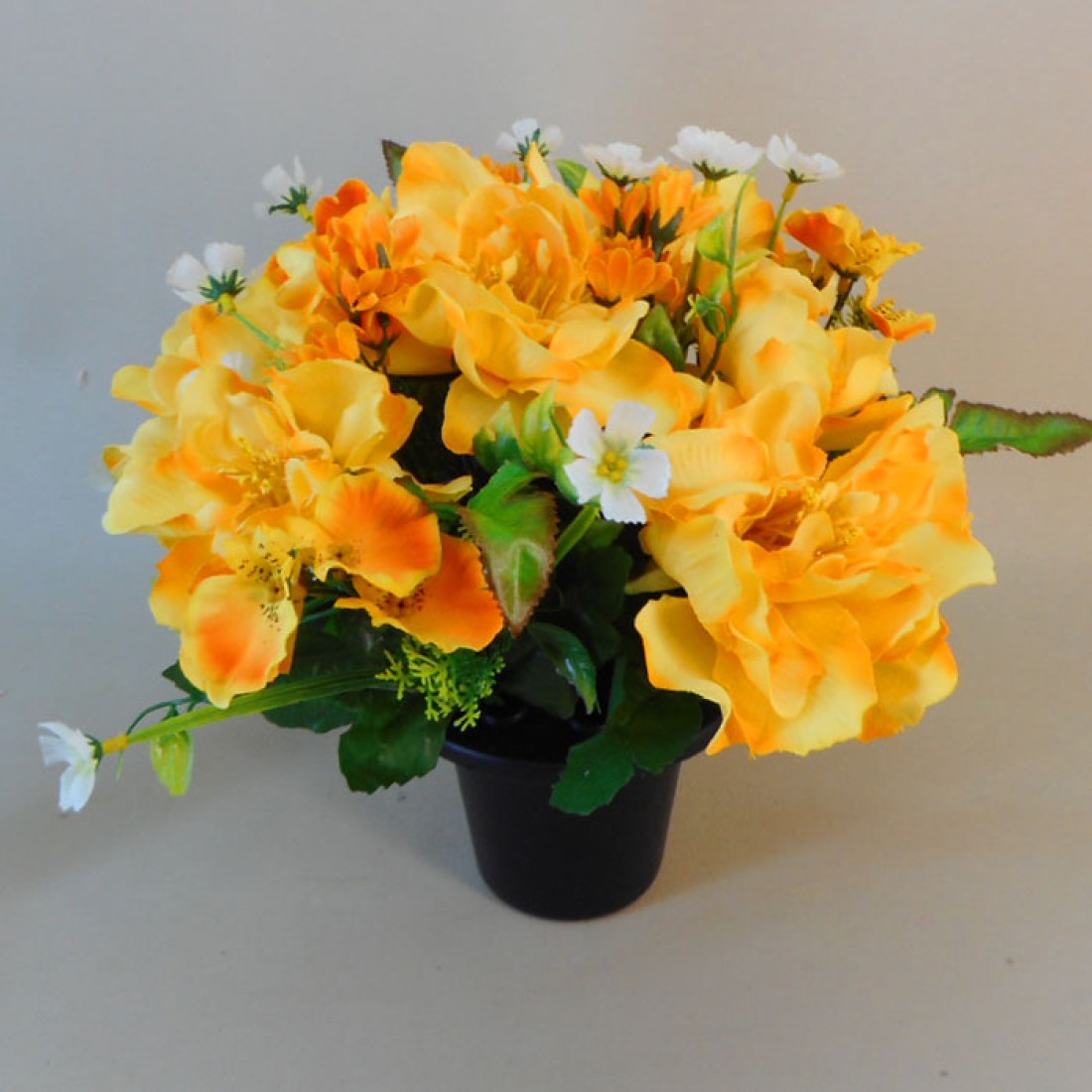 Artificial Flowers Filled Grave Pot Peonies and Wild Flower Yellow
